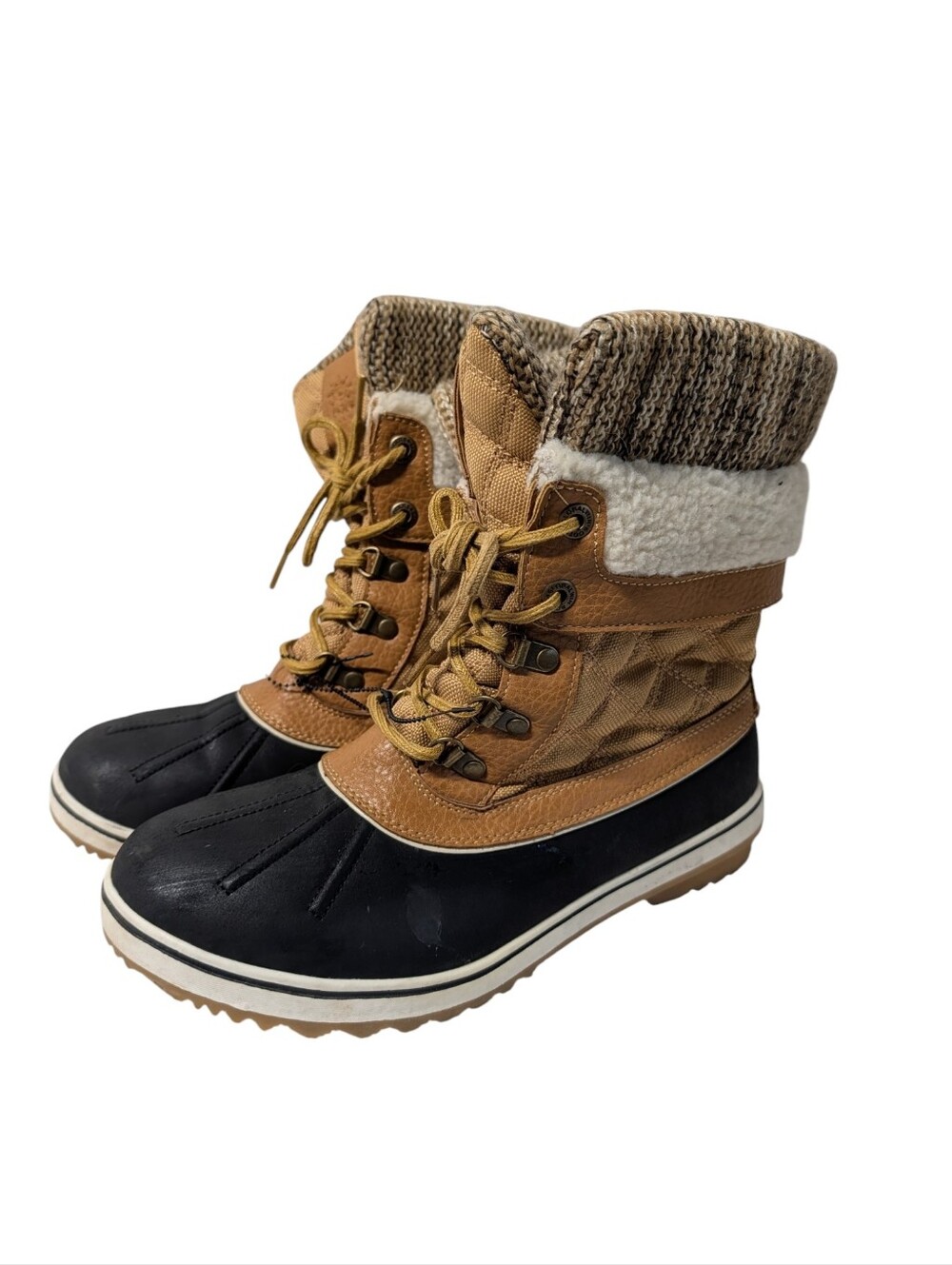 Globalwin Women's Tan Black Duck Winter Boots Size 10 Faux Fur Knit Cuff